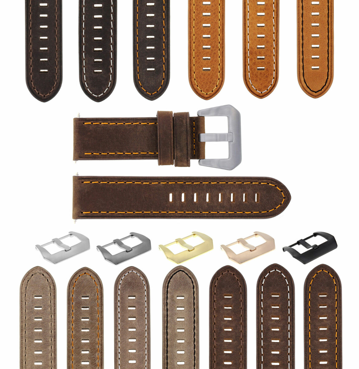 20-22-24MM LEATHER WATCH BAND STRAP FOR BREITLING CHRONOMAT BENTLEY COLT WATCH, Brown with Orange Stitching