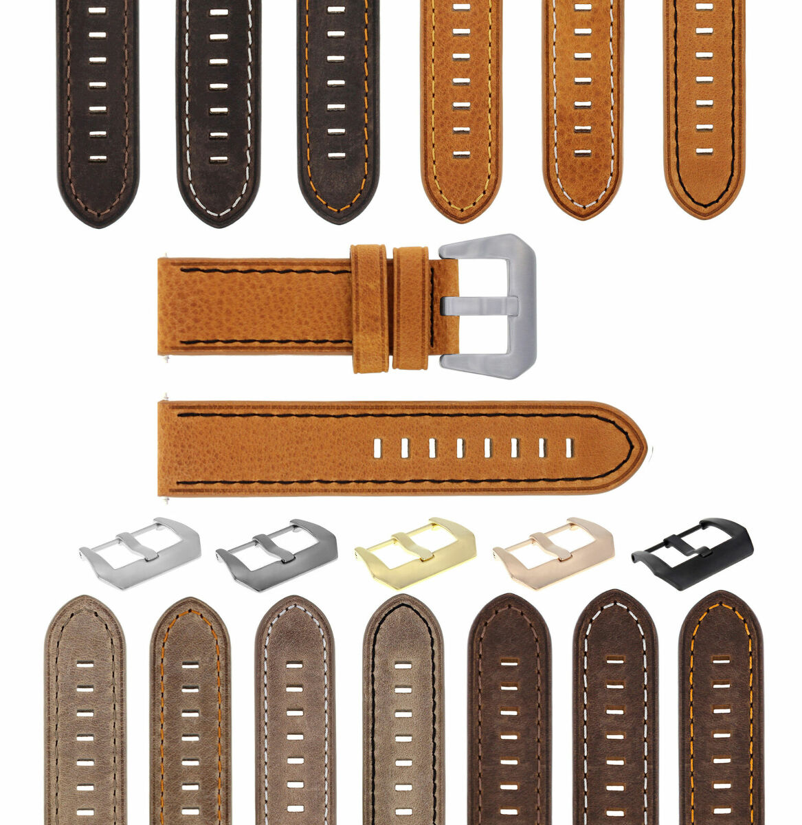 20-22-24MM LEATHER WATCH BAND STRAP FOR BREITLING CHRONOMAT BENTLEY COLT WATCH, Tan with Black Stitching