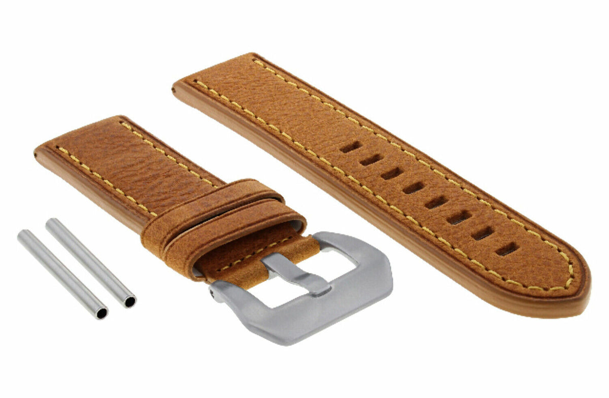 22-24MM PREMIUM PAM LEATHER WATCH STRAP BAND FOR 40- 44MM PANERAI GMT WATCH, Tan with Orange Stitching, front view