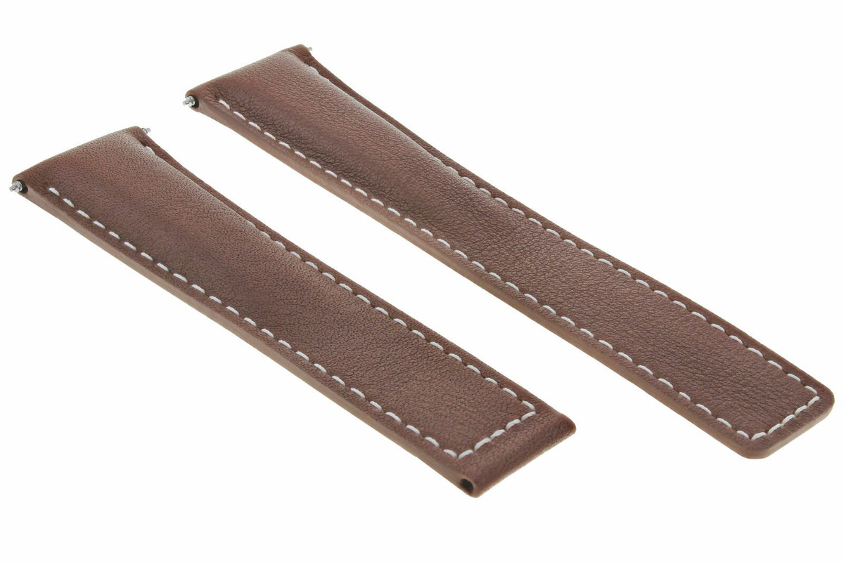 19-20-22MM LEATHER WATCH BAND STRAP UNIVERSAL DEPLOYMENT CLASP TWO-PIECE STRAP, Brown with White Stitching, front view