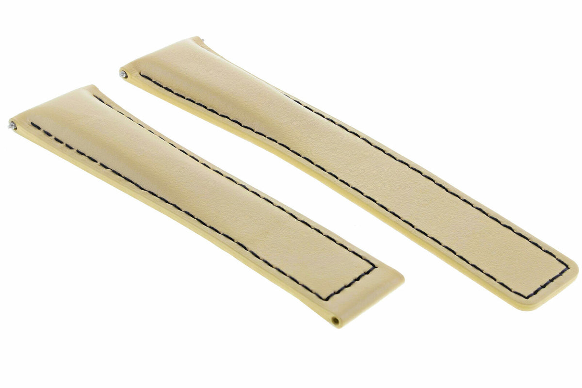 19-20-22MM LEATHER WATCH BAND STRAP UNIVERSAL DEPLOYMENT CLASP TWO-PIECE STRAP, Beige with Black Stitching, front view
