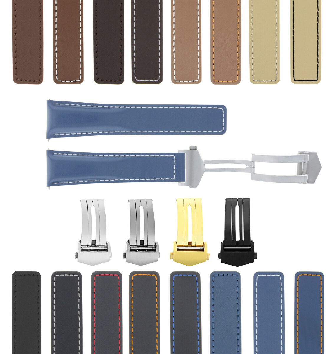 19-20-22MM LEATHER WATCH BAND STRAP UNIVERSAL DEPLOYMENT CLASP TWO-PIECE STRAP