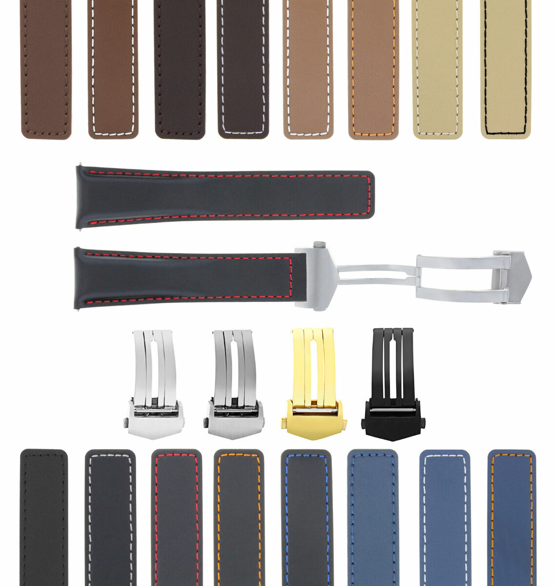 19-20-22MM LEATHER WATCH BAND STRAP UNIVERSAL DEPLOYMENT CLASP TWO-PIECE STRAP