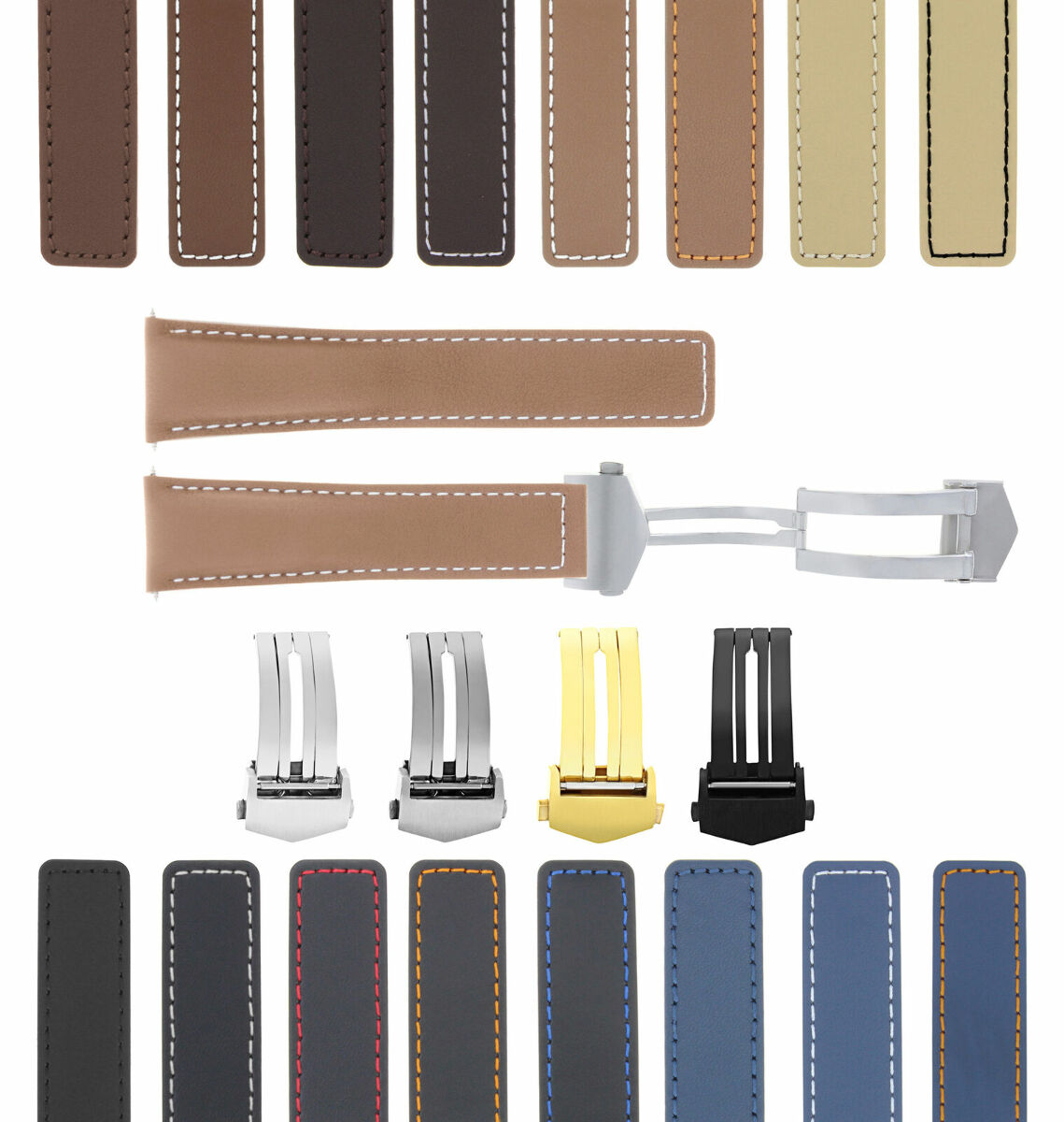 19-20-22MM LEATHER WATCH BAND STRAP UNIVERSAL DEPLOYMENT CLASP TWO-PIECE STRAP