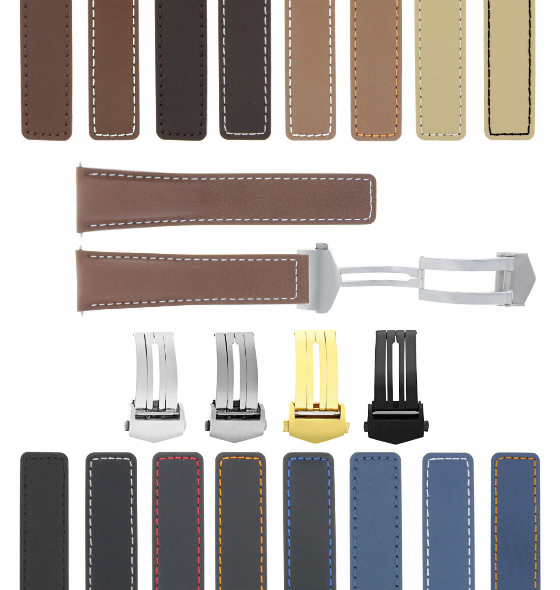 19-20-22MM LEATHER WATCH BAND STRAP UNIVERSAL DEPLOYMENT CLASP TWO-PIECE STRAP