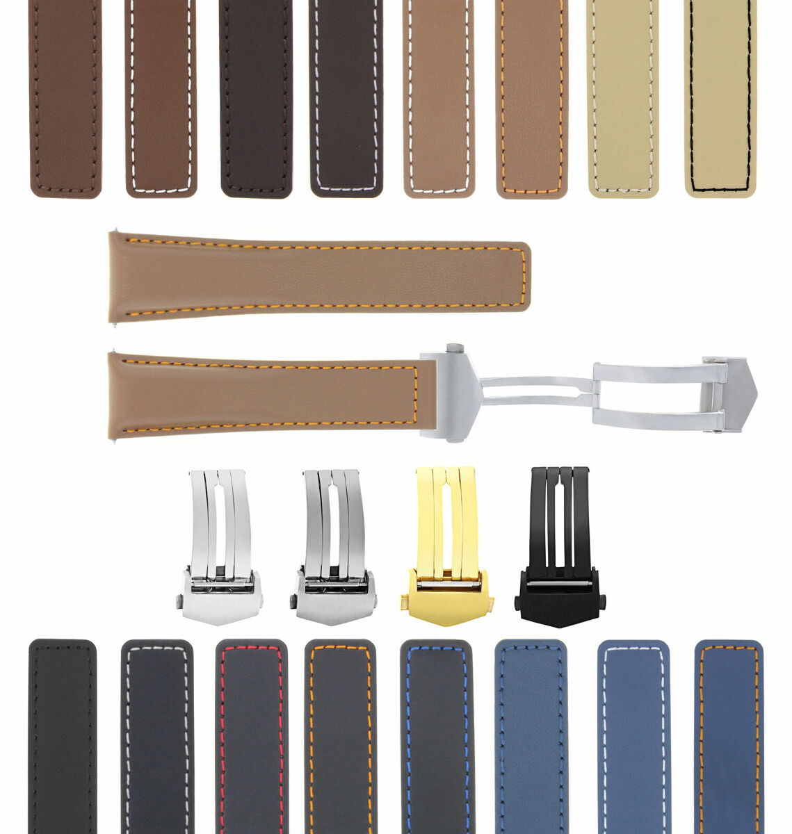 19-20-22MM LEATHER WATCH BAND STRAP UNIVERSAL DEPLOYMENT CLASP TWO-PIECE STRAP