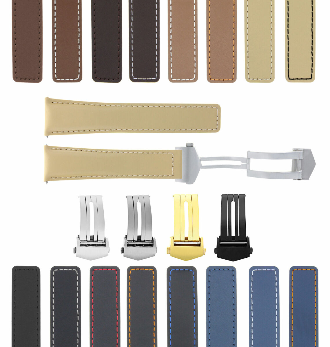 19-20-22MM LEATHER WATCH BAND STRAP UNIVERSAL DEPLOYMENT CLASP TWO-PIECE STRAP