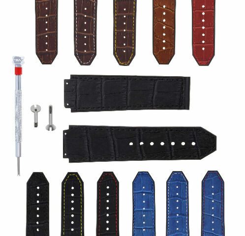 24MM ALLIGATOR LEATHER RUBBER BAND STRAP FOR HUBLOT H BIG BANG 2 SCREW S/DRIVER - Brown with White Stitching