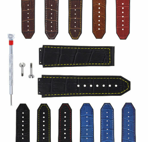 24MM ALLIGATOR LEATHER RUBBER BAND STRAP FOR HUBLOT H BIG BANG 2 SCREW S/DRIVER - Brown with White Stitching