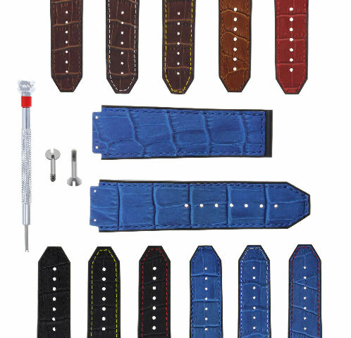 24MM ALLIGATOR LEATHER RUBBER BAND STRAP FOR HUBLOT H BIG BANG 2 SCREW S/DRIVER - Brown with White Stitching