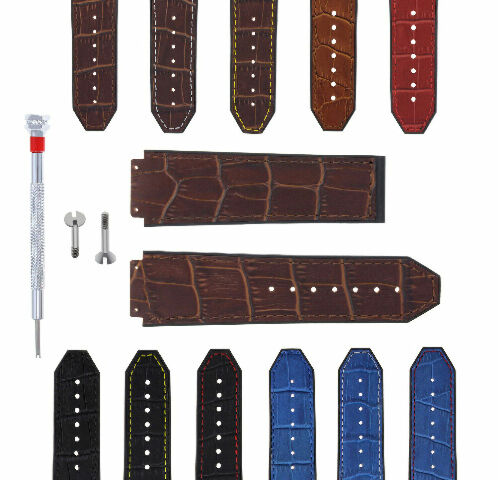 24MM ALLIGATOR LEATHER RUBBER BAND STRAP FOR HUBLOT H BIG BANG 2 SCREW S/DRIVER - Brown with White Stitching