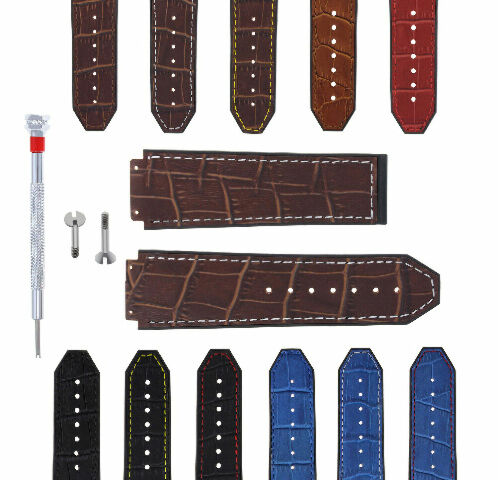 24MM ALLIGATOR LEATHER RUBBER BAND STRAP FOR HUBLOT H BIG BANG 2 SCREW S/DRIVER - Brown with White Stitching