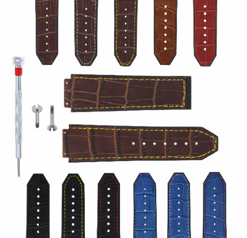 24MM ALLIGATOR LEATHER RUBBER BAND STRAP FOR HUBLOT H BIG BANG 2 SCREW S/DRIVER - Brown with White Stitching