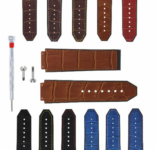 24MM ALLIGATOR LEATHER RUBBER BAND STRAP FOR HUBLOT H BIG BANG 2 SCREW S/DRIVER - Brown with White Stitching