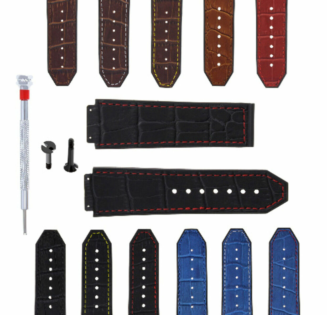 24MM ALLIGATOR LEATHER RUBBER BAND STRAP FOR HUBLOT BIG BANG 2 BK SCREW S/DRIVER