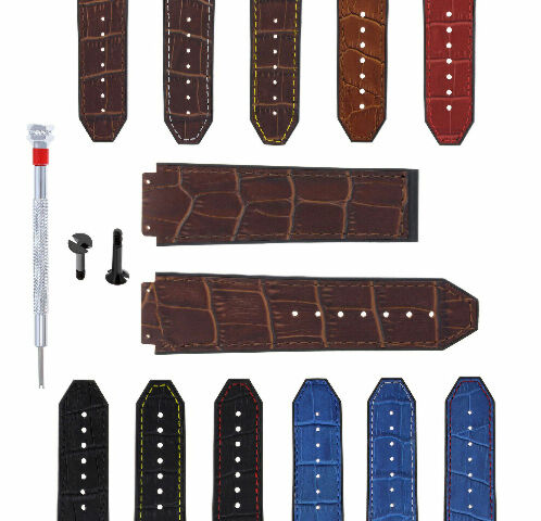 24MM ALLIGATOR LEATHER RUBBER WATCH BAND STRAP 2 BLK SCREWS & DRIVER FOR HUBLOT