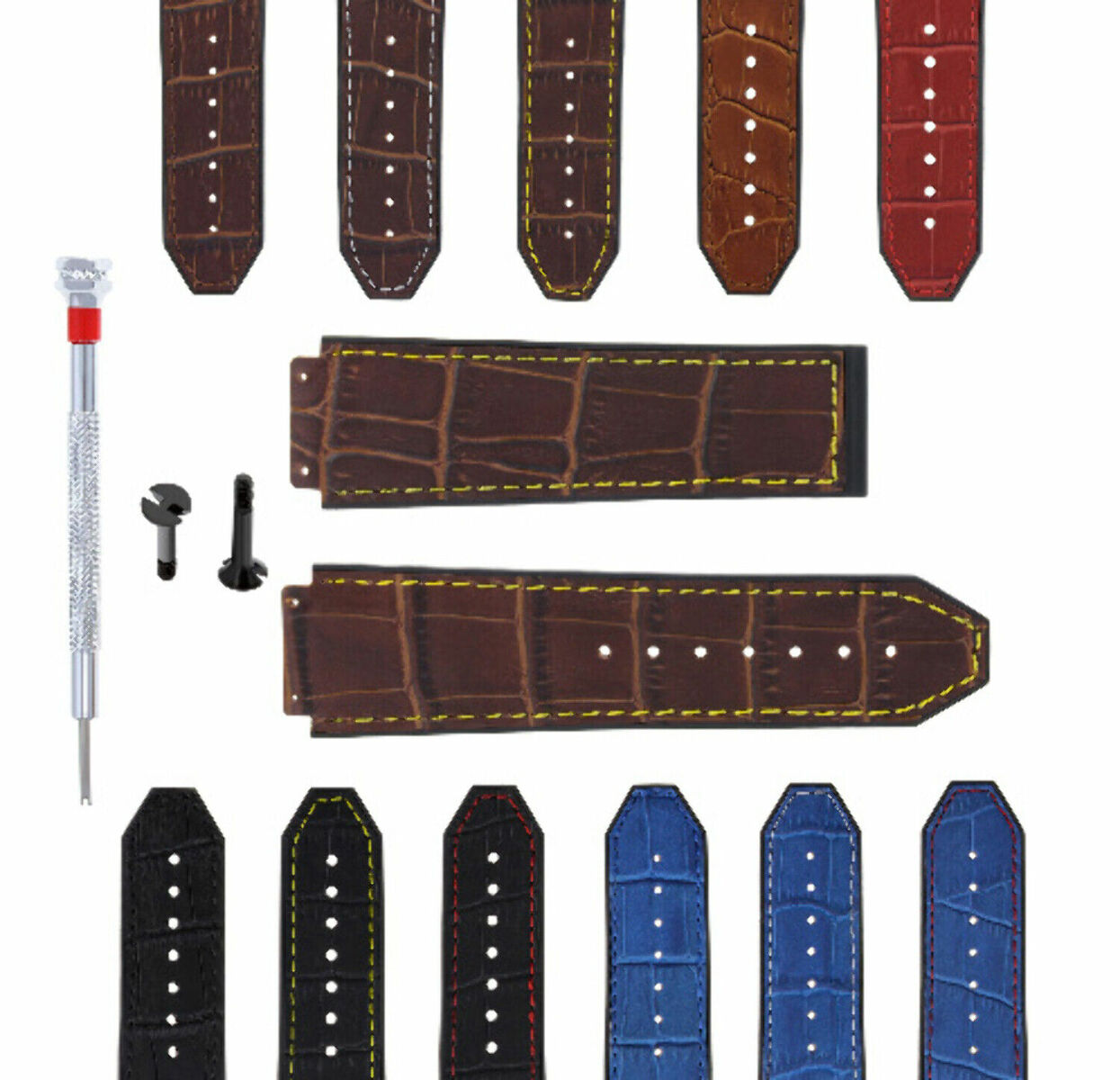 24MM ALLIGATOR LEATHER RUBBER BAND STRAP FOR HUBLOT BIG BANG 2 BK SCREW S/DRIVER