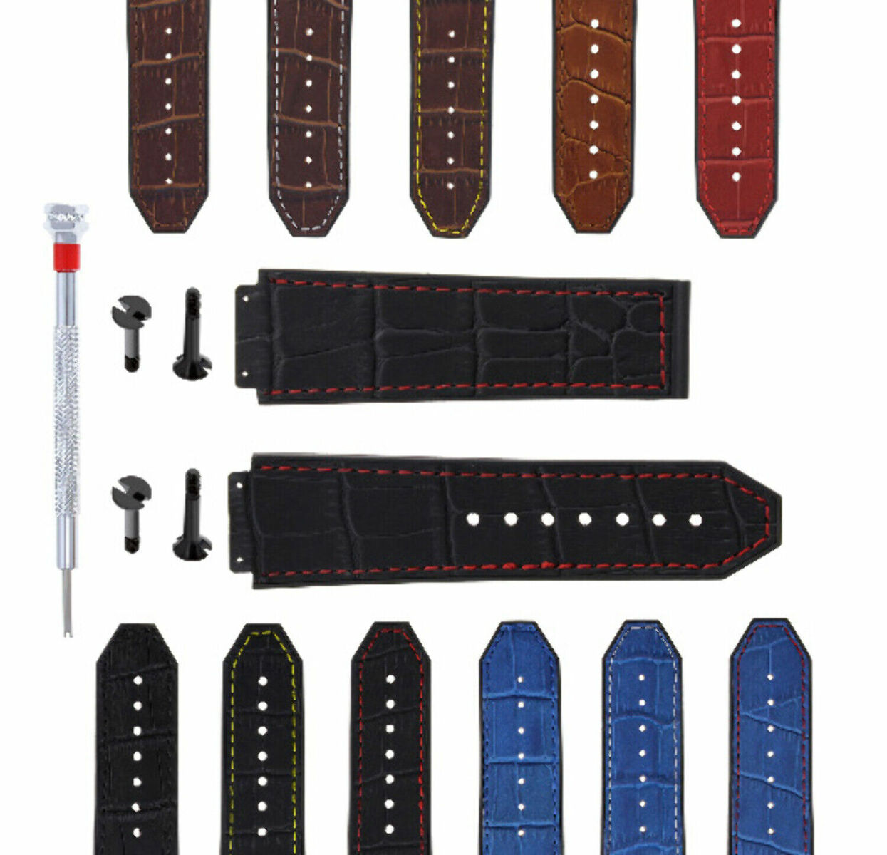 24MM ALLIGATOR LEATHER RUBBER BAND STRAP FOR HUBLOT BIG BANG 4 BK SCREW S/DRIVER