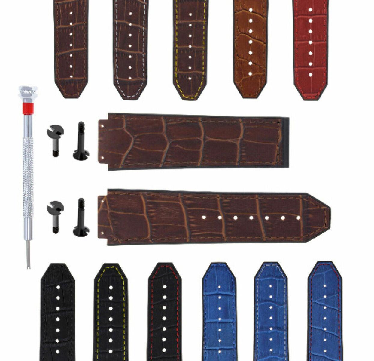 24MM ALLIGATOR LEATHER RUBBER BAND STRAP FOR HUBLOT BIG BANG 4 BK SCREW S/DRIVER