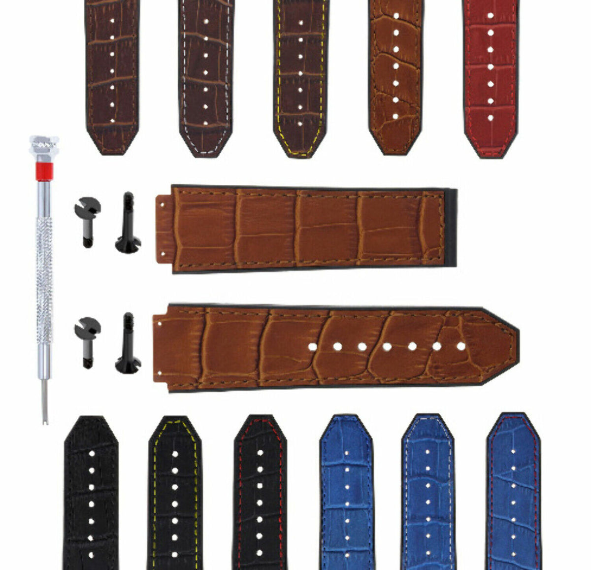 24MM ALLIGATOR LEATHER RUBBER WATCH BAND STRAP 4 BLK SCREWS & DRIVER FOR HUBLOT, Tan