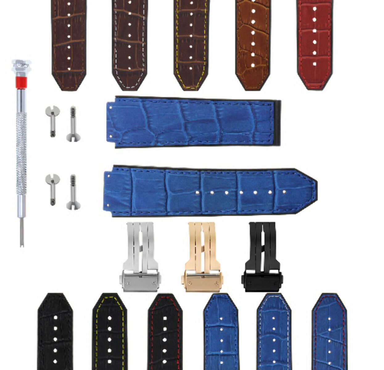 24MM ALLIGATOR LEATHER RUBBER BAND STRAP FOR HUBLOT BANG CLASP 4 SCREW S/DRIVER