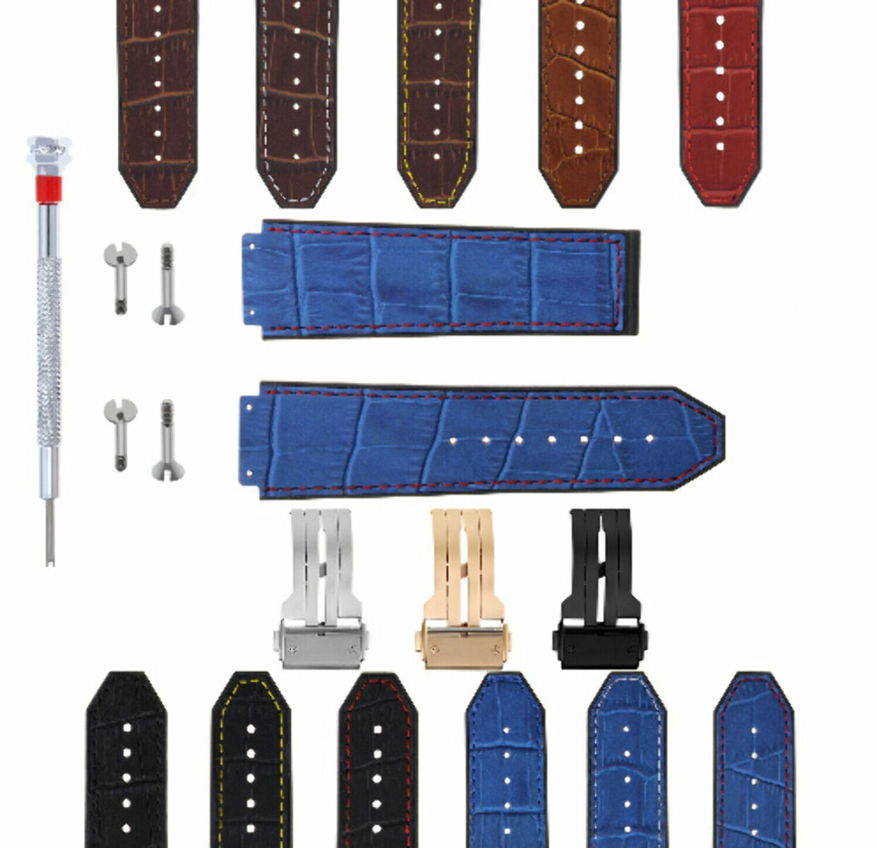 24MM ALLIGATOR LEATHER RUBBER BAND STRAP FOR HUBLOT BANG CLASP 4 SCREW S/DRIVER