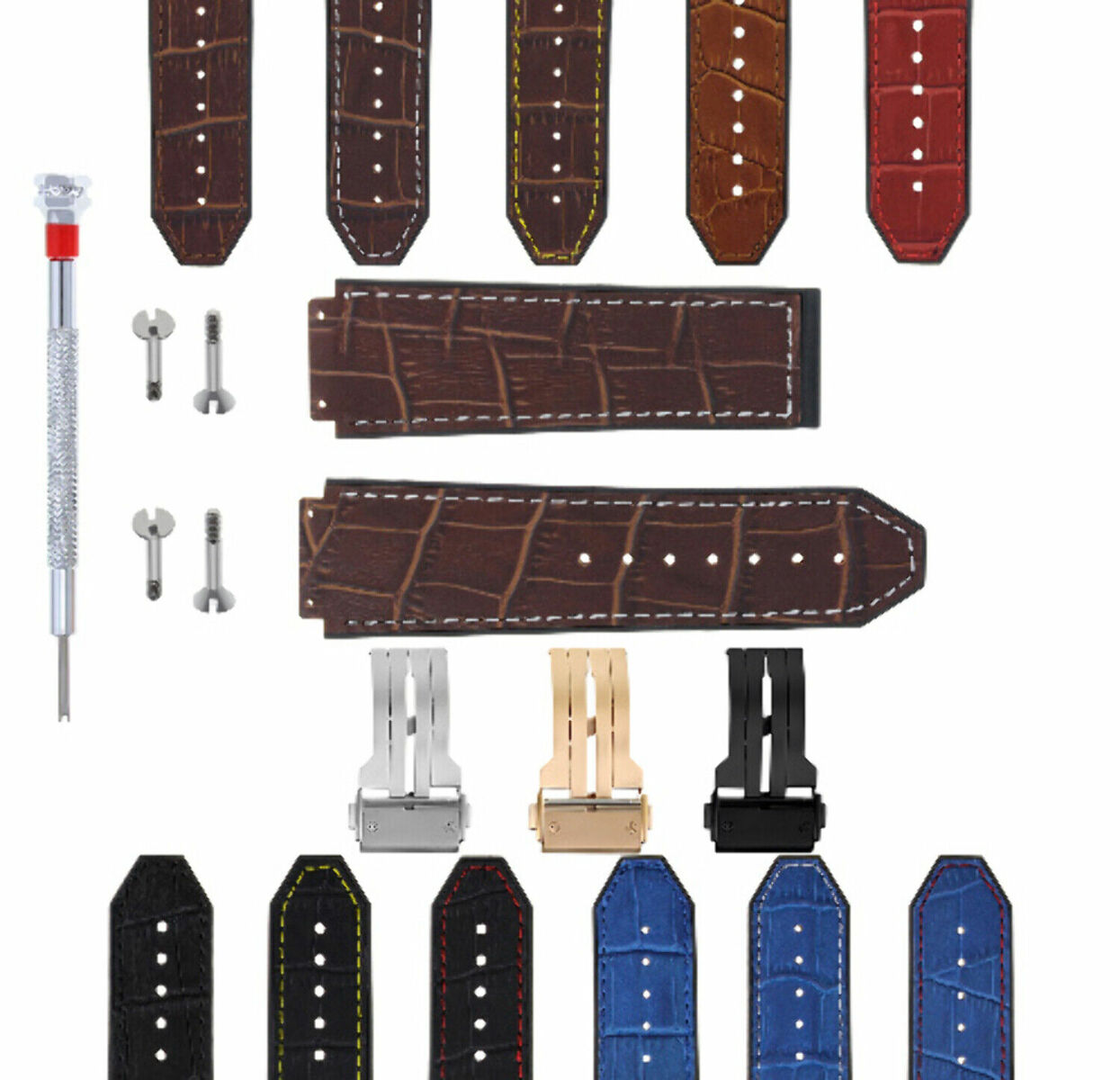 24MM ALLIGATOR LEATHER RUBBER BAND STRAP FOR HUBLOT BANG CLASP 4 SCREW S/DRIVER