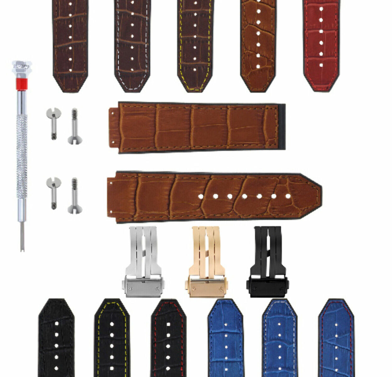 24MM ALLIGATOR LEATHER RUBBER BAND STRAP FOR HUBLOT BANG CLASP 4 SCREW S/DRIVER