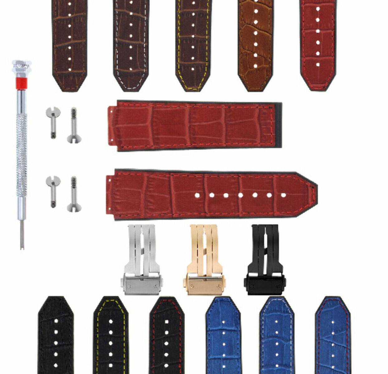 24MM ALLIGATOR LEATHER RUBBER BAND STRAP FOR HUBLOT BANG CLASP 4 SCREW S/DRIVER