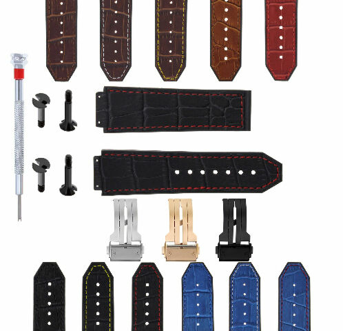 24MM ALLIGATOR LEATHER RUBBER BAND STRAP FOR HUBLOT BANG CLASP 4 SCREW S/DRIVER