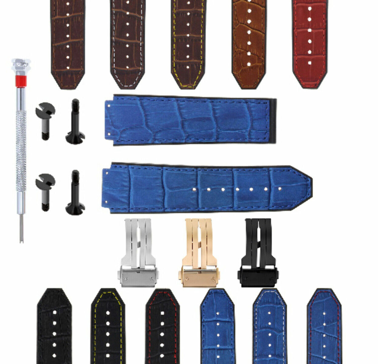 24MM ALLIGATOR LEATHER RUBBER BAND STRAP FOR HUBLOT BANG CLASP 4 SCREW S/DRIVER