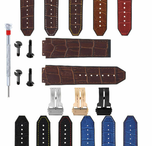 24MM ALLIGATOR LEATHER RUBBER BAND STRAP FOR HUBLOT BANG CLASP 4 SCREW S/DRIVER