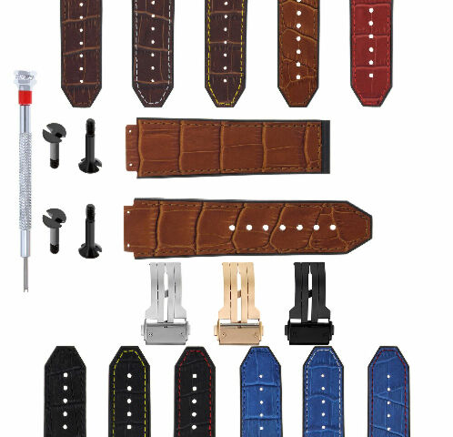 24MM ALLIGATOR LEATHER RUBBER BAND STRAP FOR HUBLOT BANG CLASP 4 SCREW S/DRIVER