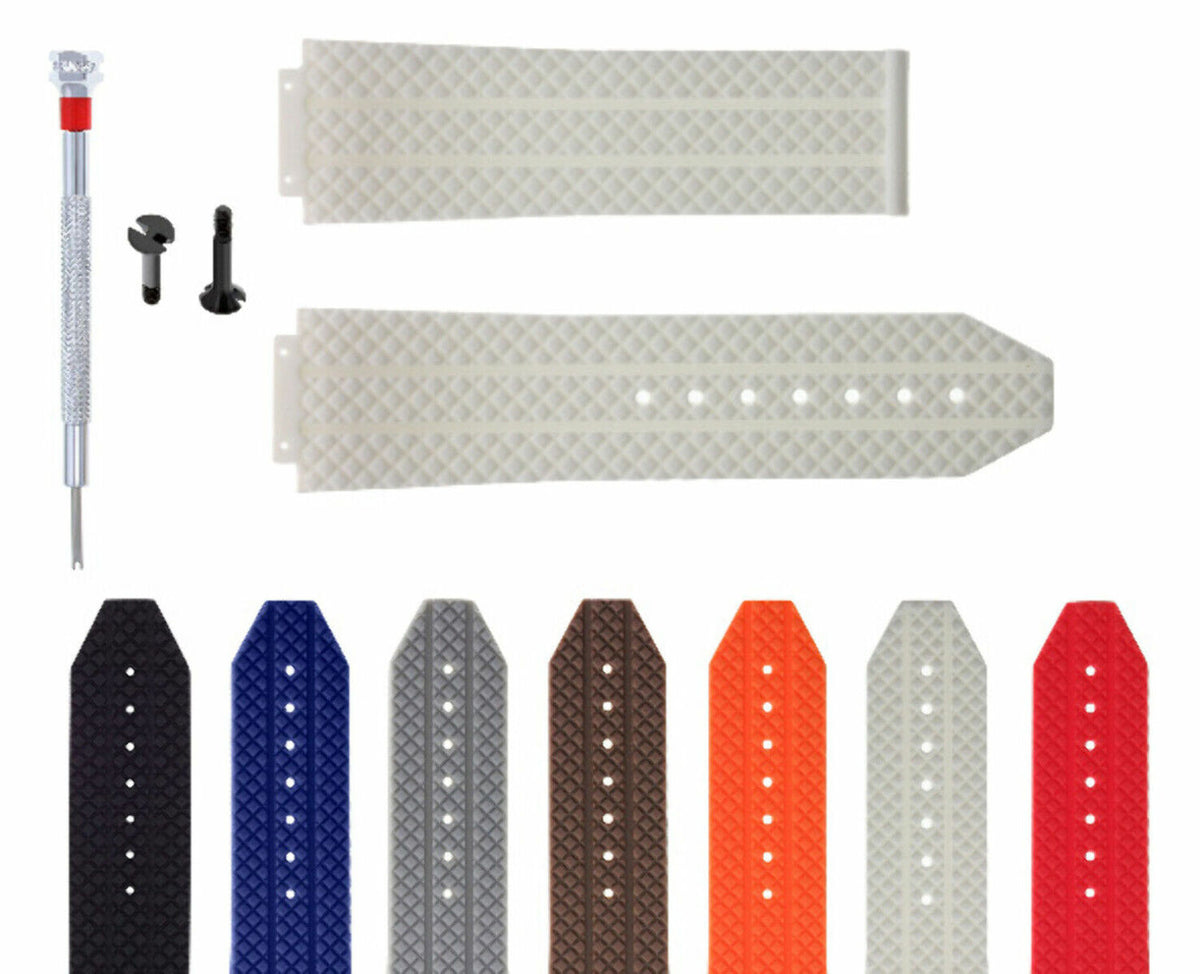 24MM-25MM RUBBER WATCH BAND STRAP WITH 2 BLACK SCREWS AND DRIVER FOR HUBLOT, White