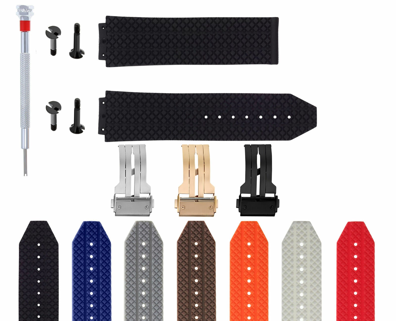 24-25MM RUBBER WATCH BAND FOR HUBLOT BIG BANG CERAMIC CLASP 4 BLK SCREW S/DRIVER