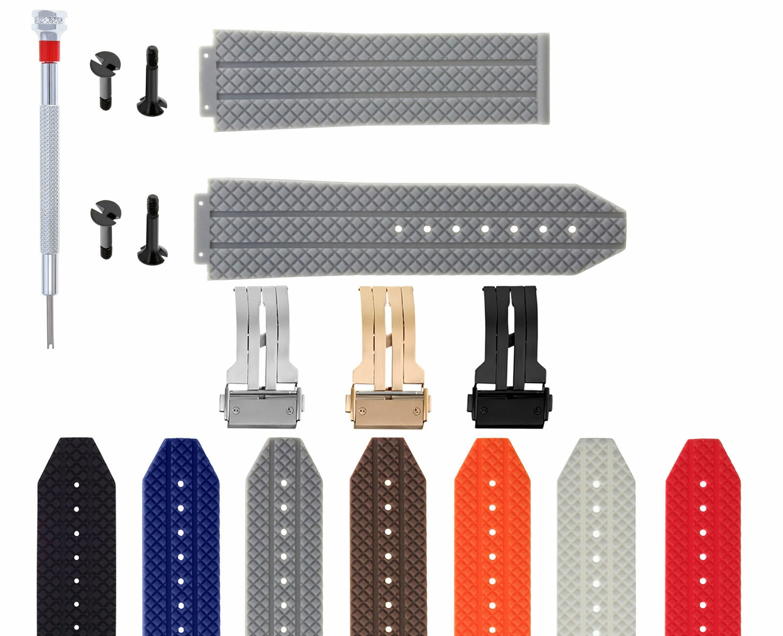 24-25MM RUBBER WATCH BAND FOR HUBLOT BIG BANG CERAMIC CLASP 4 BLK SCREW S/DRIVER