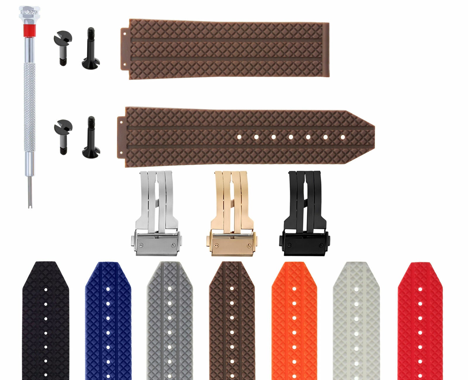 24-25MM RUBBER WATCH BAND FOR HUBLOT BIG BANG CERAMIC CLASP 4 BLK SCREW S/DRIVER