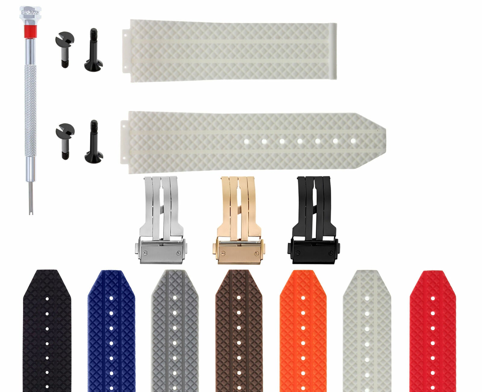 24-25MM RUBBER WATCH BAND FOR HUBLOT BIG BANG CERAMIC CLASP 4 BLK SCREW S/DRIVER