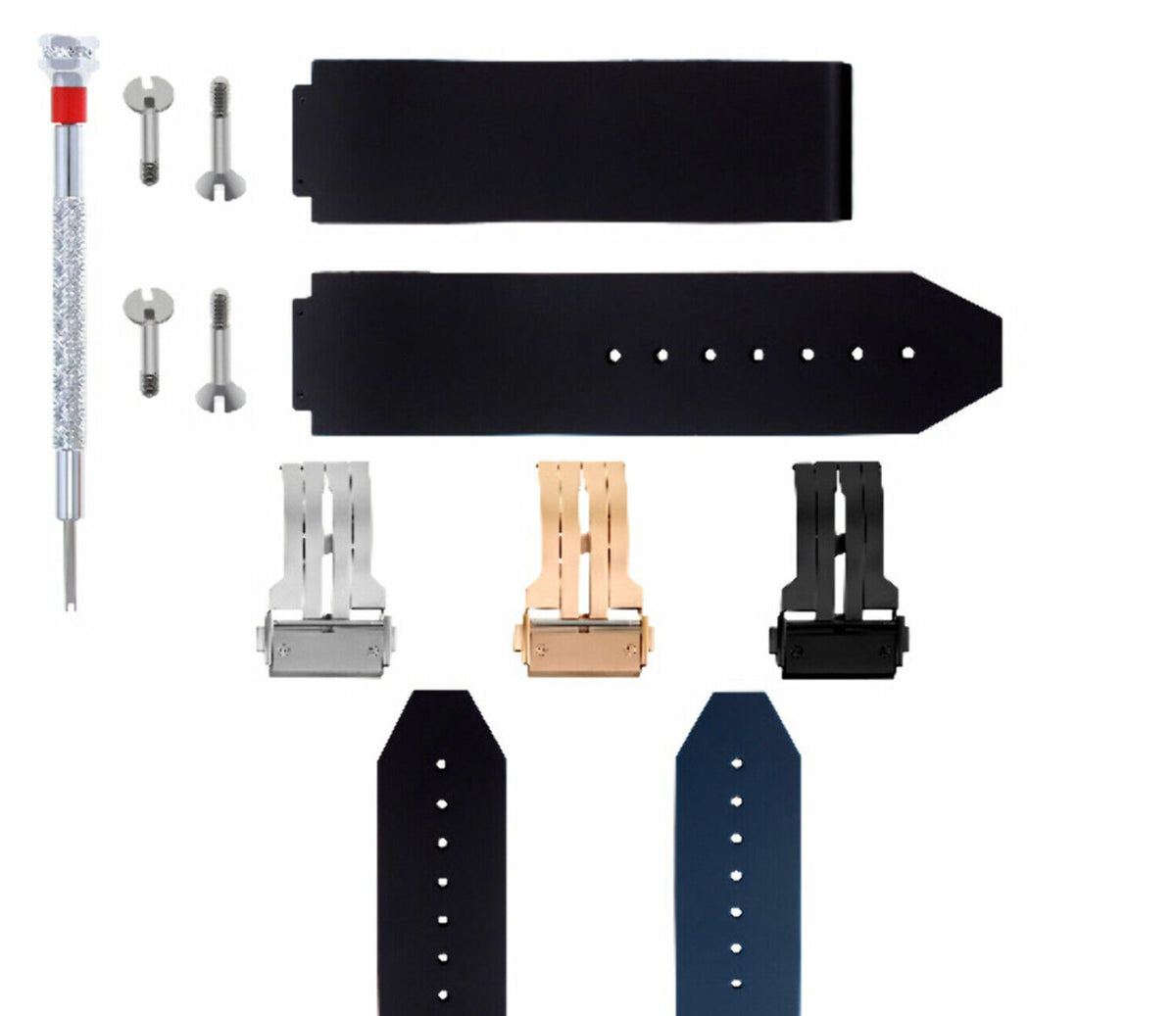 24MM RUBBER WATCH BAND STRAP SMOOTH FOR HUBLOT H BIG BANG BUCKLE 4 SCREW SDRIVER, Black