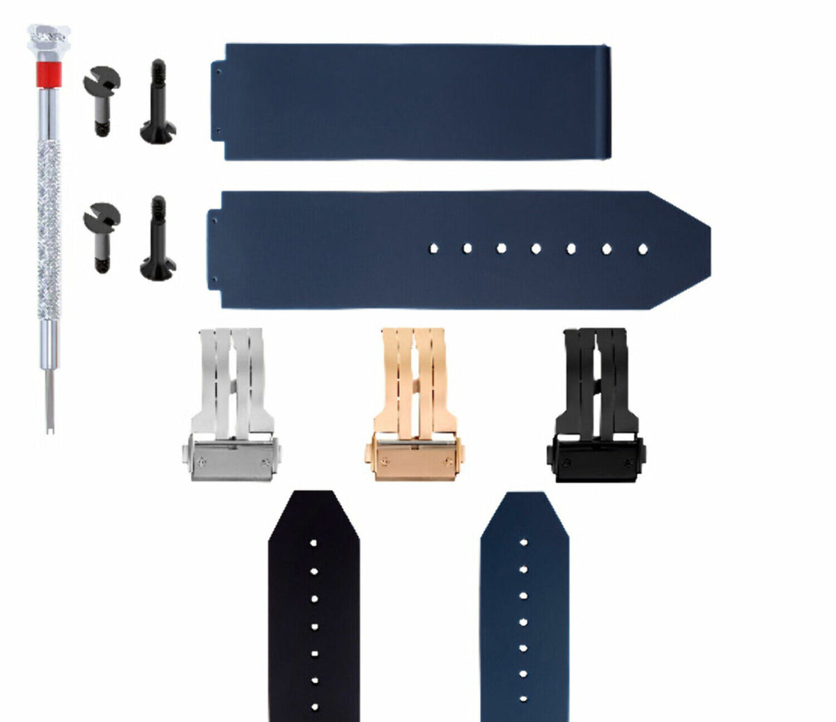 24MM RUBBER WATCH BAND STRAP FOR HUBLOT H BIG BANG BUCKLE 4 BK SCREW SCREWDRIVER, Blue