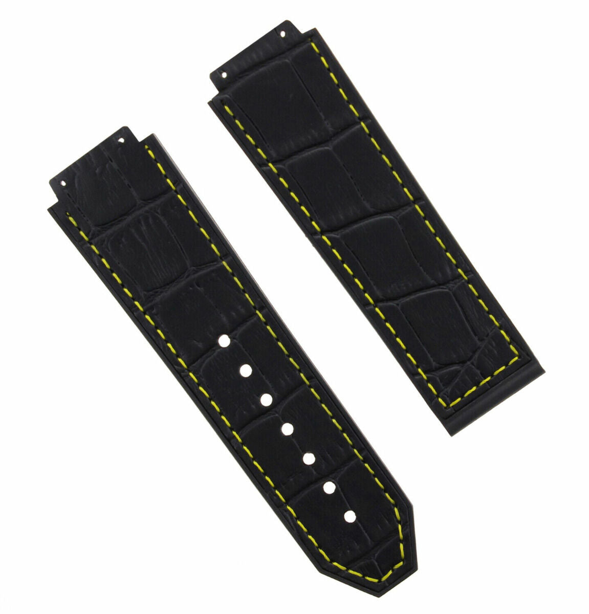 24MM ALLIGATOR LEATHER RUBBER WATCH BAND STRAP FOR 44-45MM HUBLOT H BIG BANG, Black with Yellow Stitching