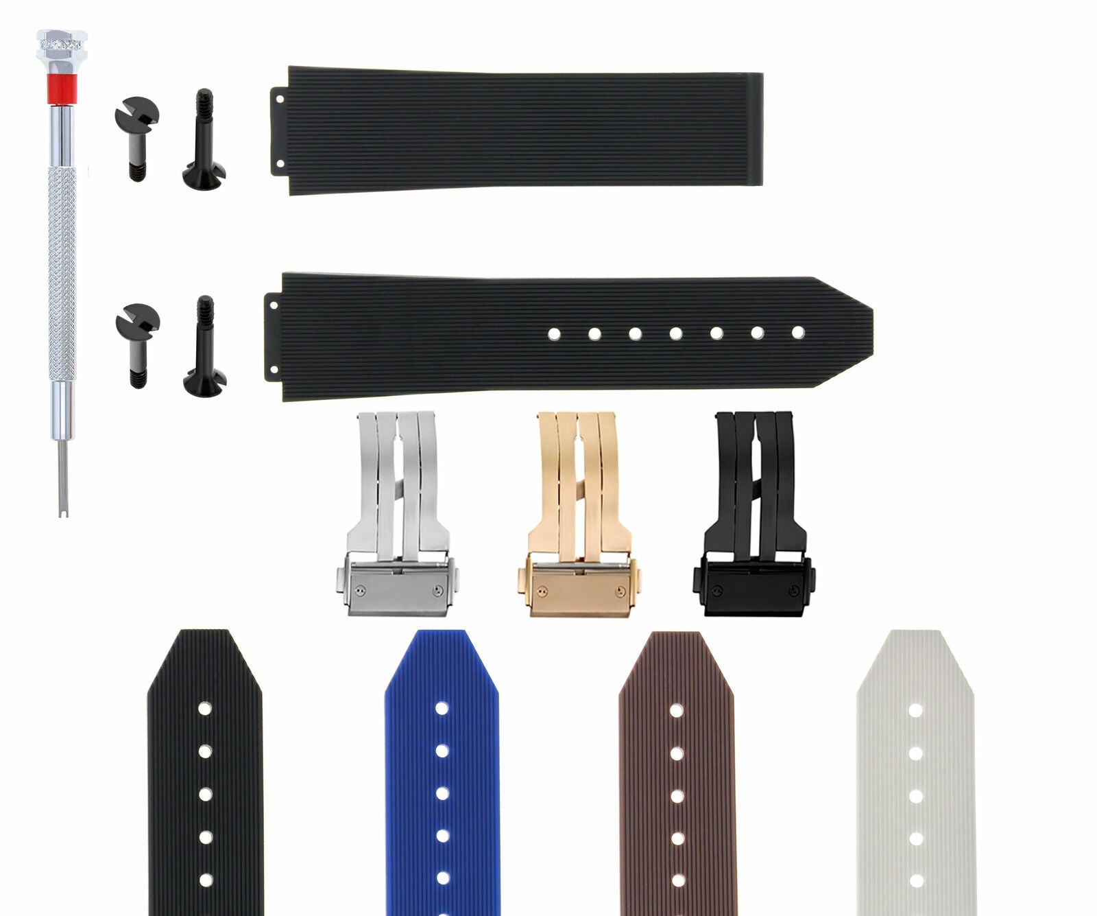 21-24-25MM RUBBER BAND STRAP FOR HUBLOT BIG BANG BUCKLE 4 BLK SCREW SCREWDRIVER