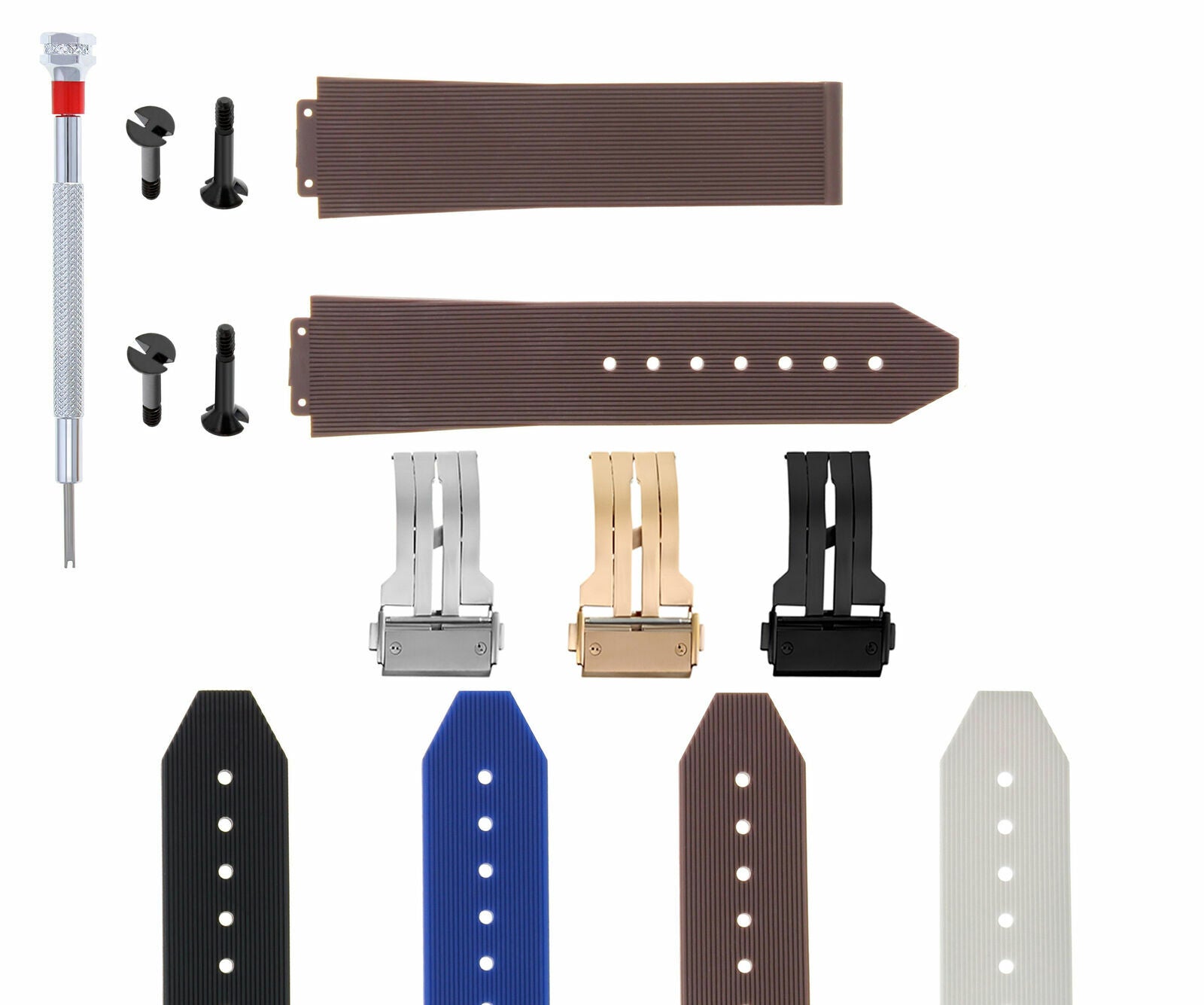 21-24-25MM RUBBER BAND STRAP FOR HUBLOT BIG BANG BUCKLE 4 BLK SCREW SCREWDRIVER