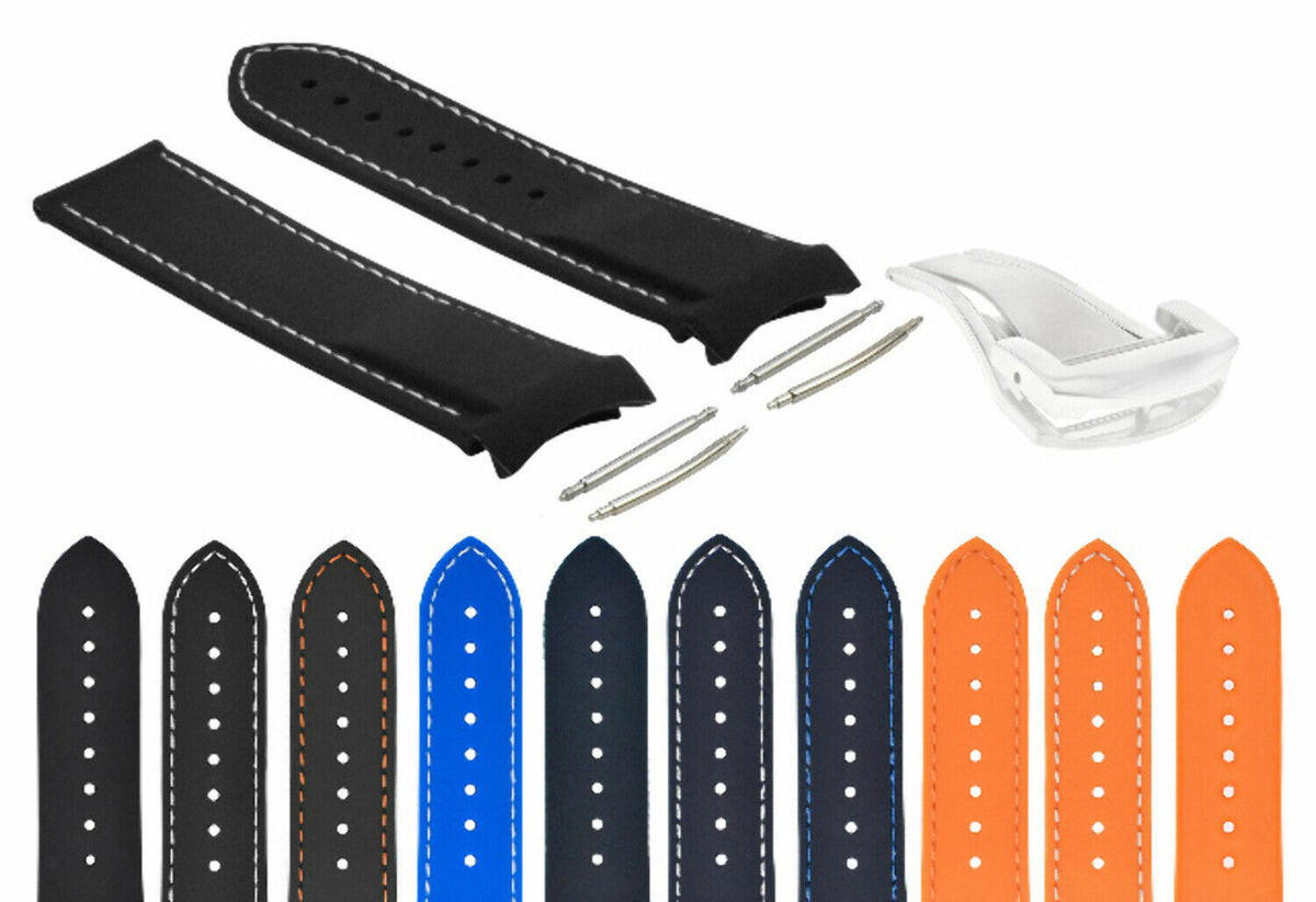 20-22MM CURVED END RUBBER DIVER STRAP BAND FOR OMEGA SEAMASTER PLANET CLASP, Black with White Stitching