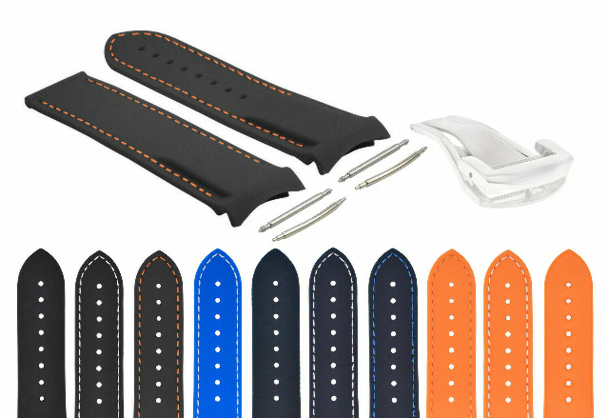 20-22MM CURVED END RUBBER DIVER STRAP BAND FOR OMEGA SEAMASTER PLANET CLASP, Black with Orange Stitching