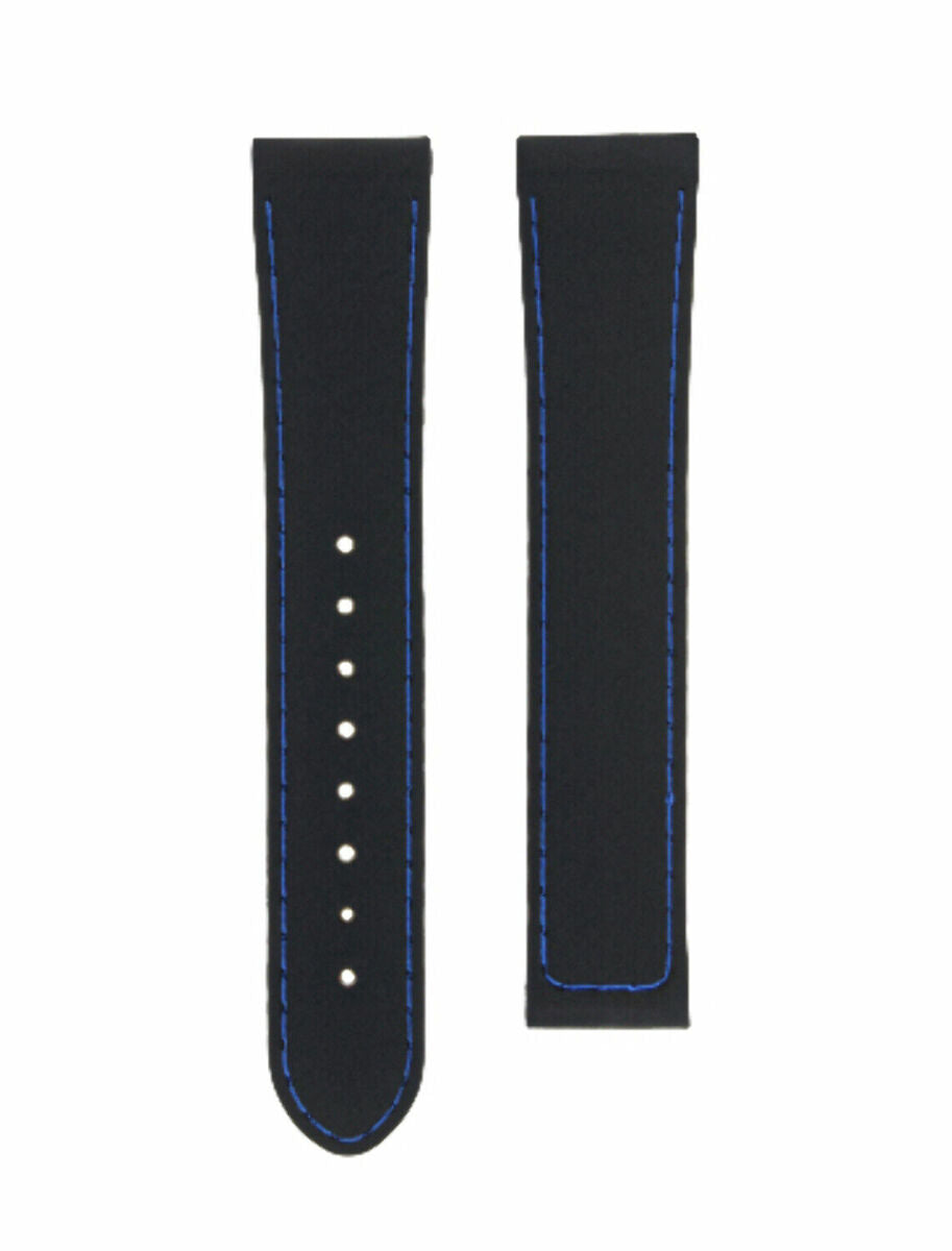 20MM RUBBER WATCH BAND STRAP FOR 41MM OMEGA SEAMASTER PLANET OCEAN SPEEDMASTER - Silver, Black with Blue Stitching, underside view