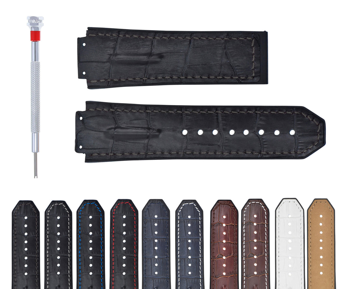 25-28MM LEATHER RUBBER STRAP FOR 44-45-48MM HUBLOT BIG BANG F1 CERAMIC FUSION, Black