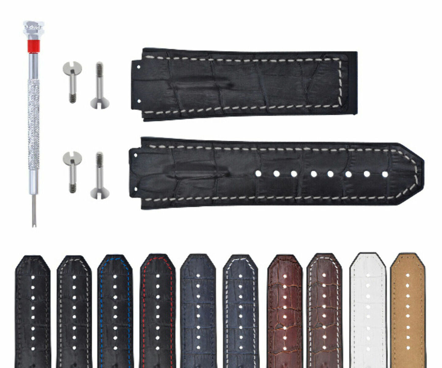 25-28MM LEATHER RUBBER STRAP FOR HUBLOT BIG BANG + 4 SILVER SCREW + SCREWDRIVER