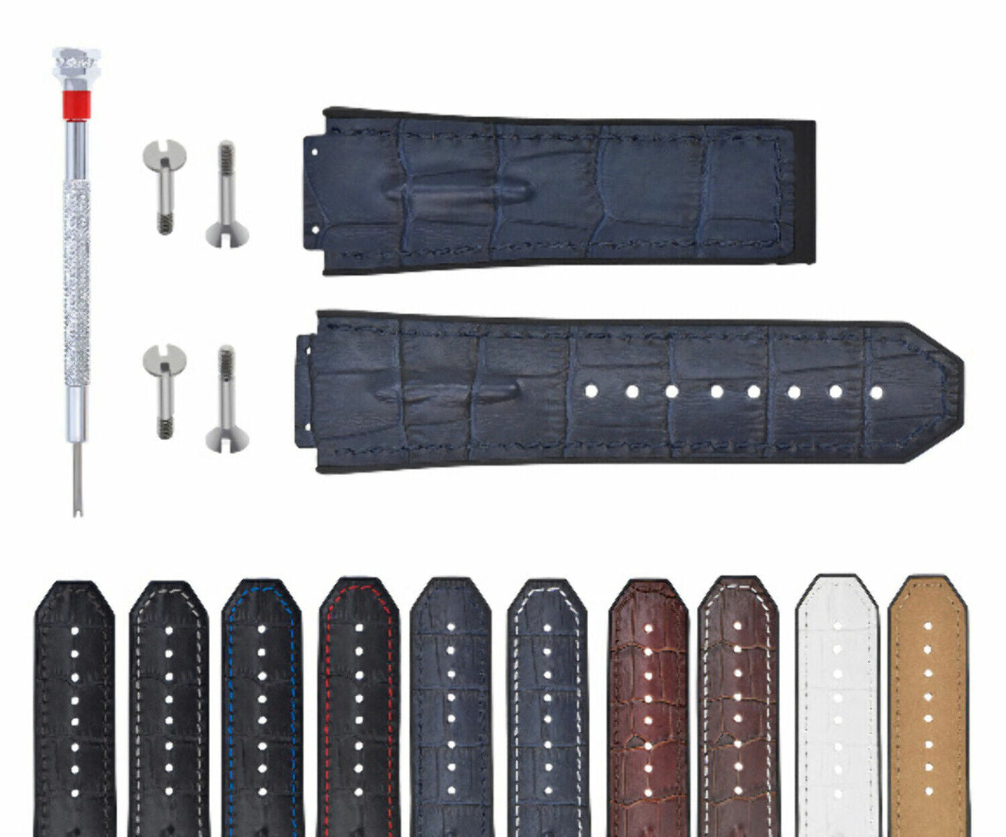 25-28MM LEATHER RUBBER STRAP FOR HUBLOT BIG BANG + 4 SILVER SCREW + SCREWDRIVER