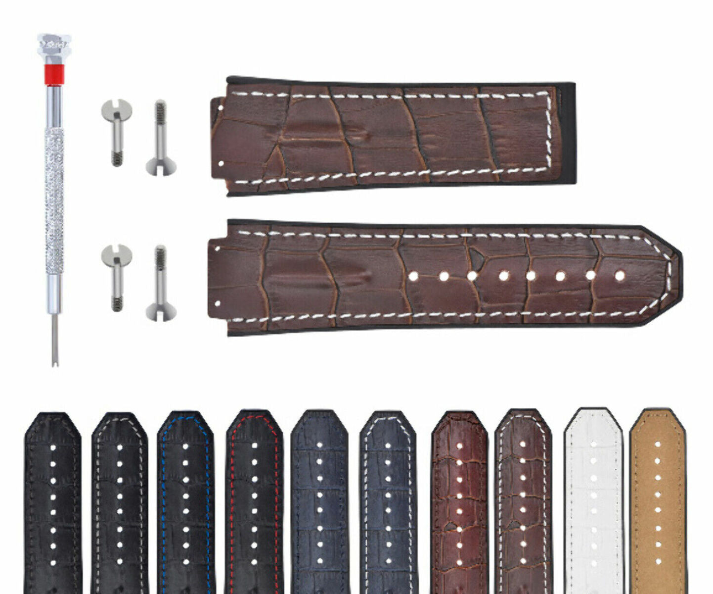 25-28MM LEATHER RUBBER STRAP FOR HUBLOT BIG BANG + 4 SILVER SCREW + SCREWDRIVER